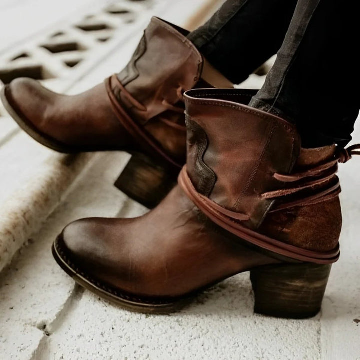Women's Washed Leather Wrap-Lace Block Ankle Heeled Boots