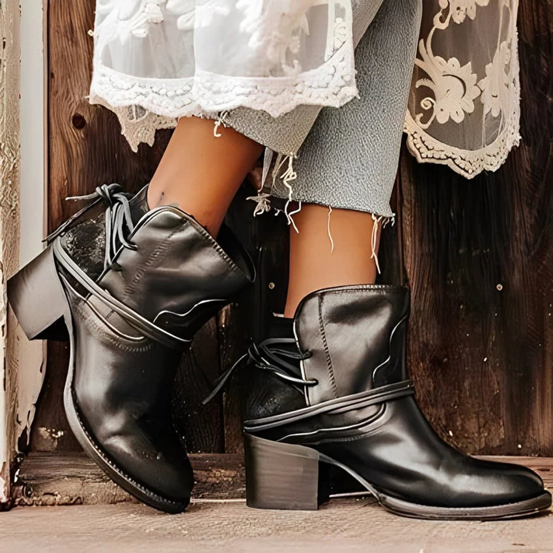 Women's Washed Leather Wrap-Lace Block Ankle Heeled Boots