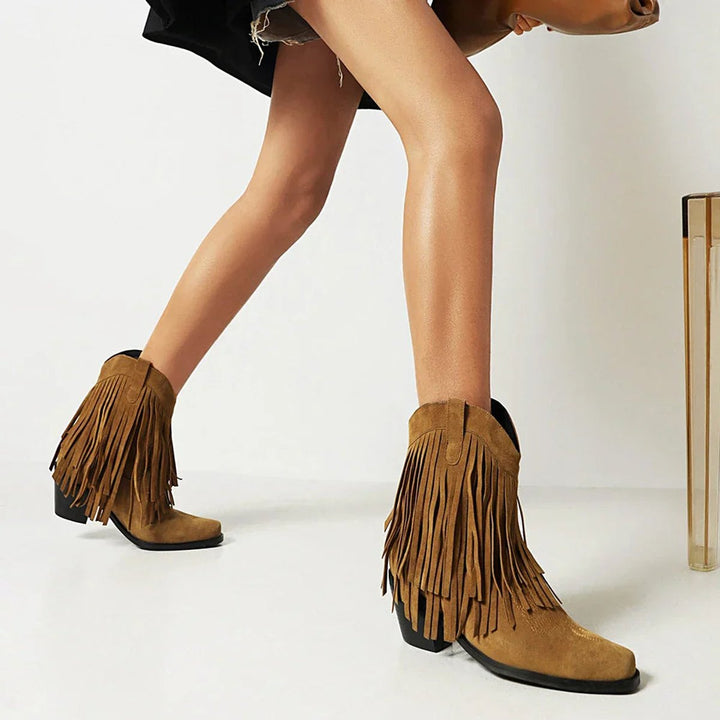 Women's Western Fringe Suede Ankle Heeled Boots Cowboy Pull-On