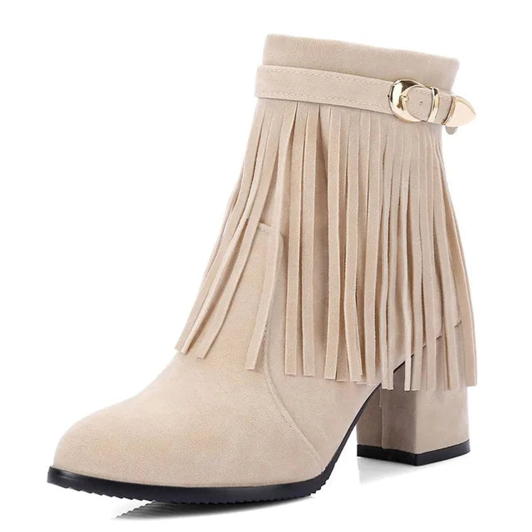 Women's Western Fringe Suede Ankle Heeled Boots Cowboy Pull-On