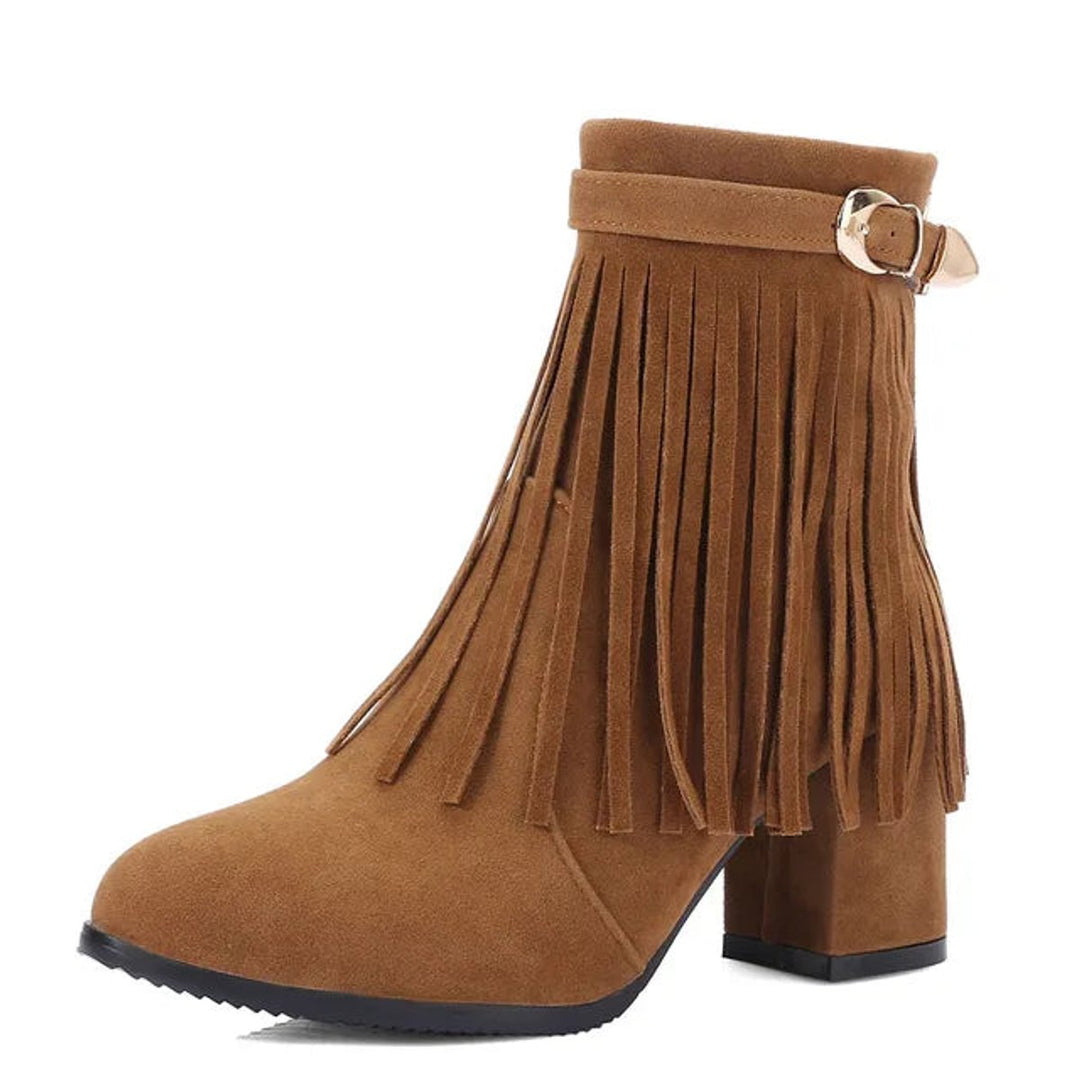 Women's Western Fringe Suede Ankle Heeled Boots Cowboy Pull-On