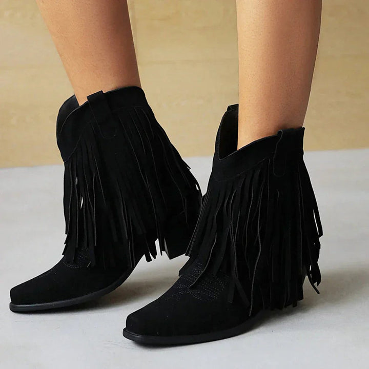 Women's Western Fringe Suede Ankle Heeled Boots Cowboy Pull-On