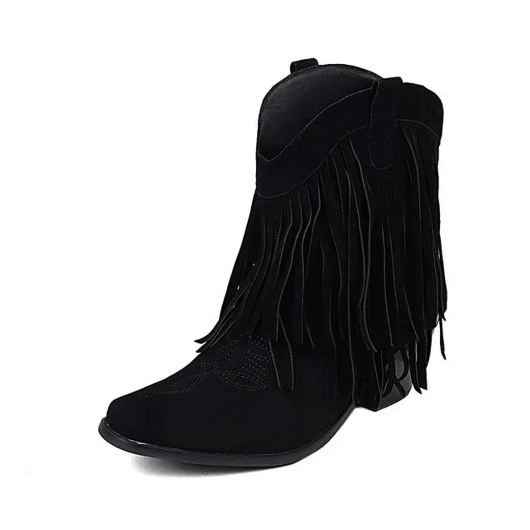 Women's Western Fringe Suede Ankle Heeled Boots Cowboy Pull-On