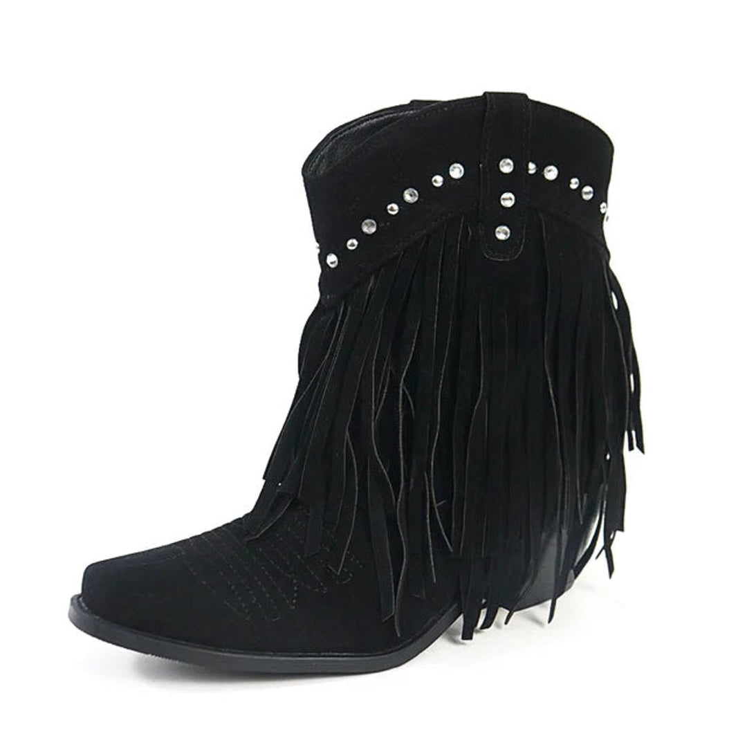 Women's Western Fringe Suede Ankle Heeled Boots Cowboy Pull-On