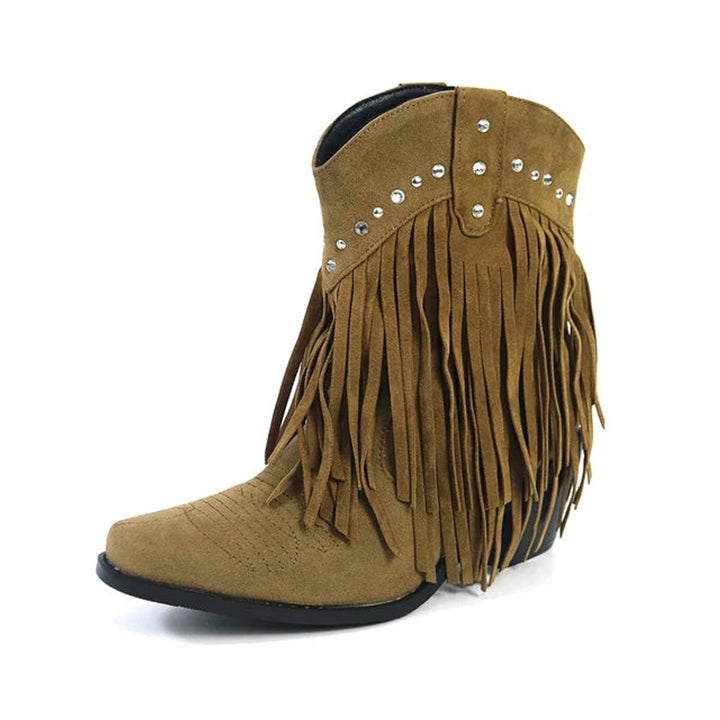Women's Western Fringe Suede Ankle Heeled Boots Cowboy Pull-On