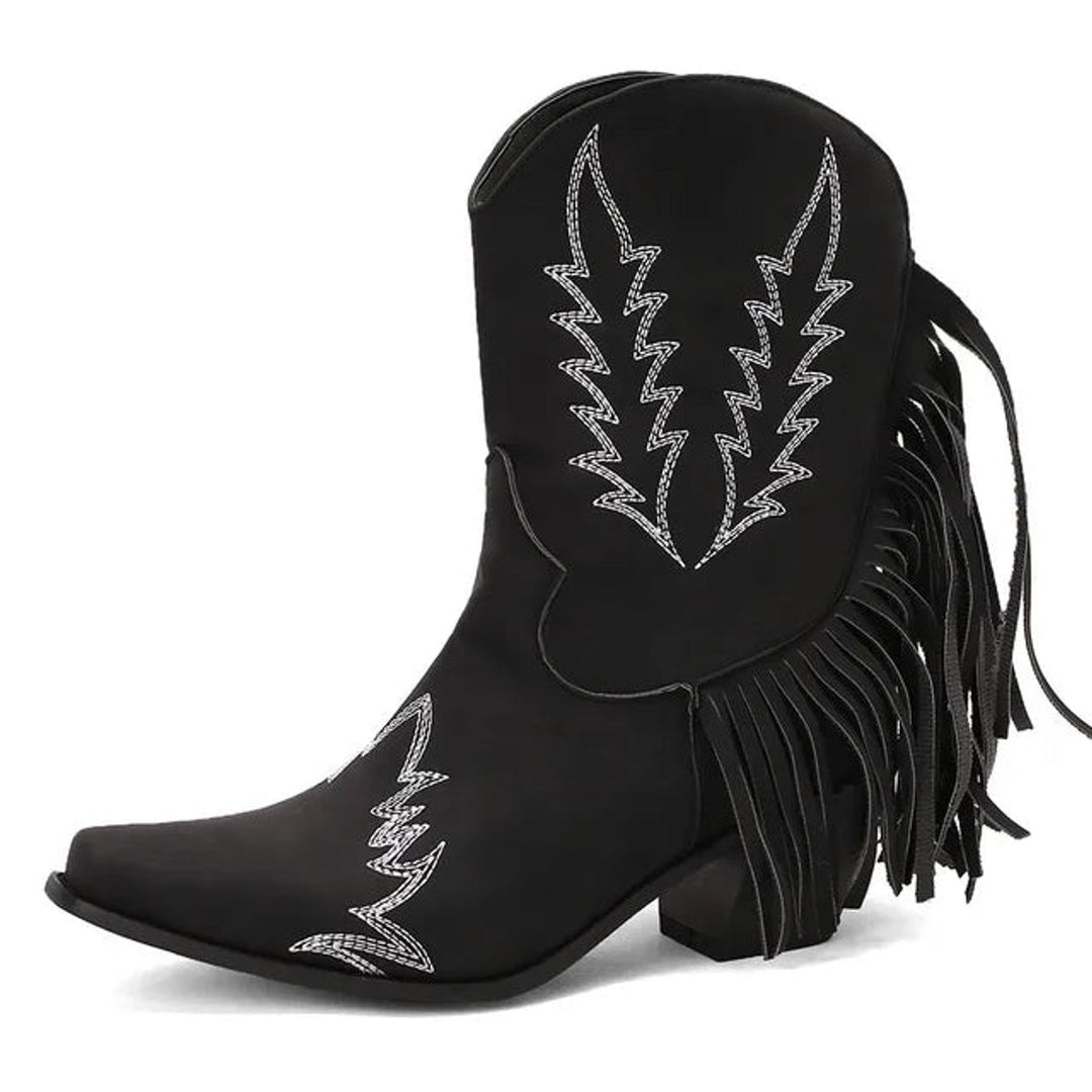 Women's Western Fringe Suede Ankle Heeled Boots Cowboy Pull-On