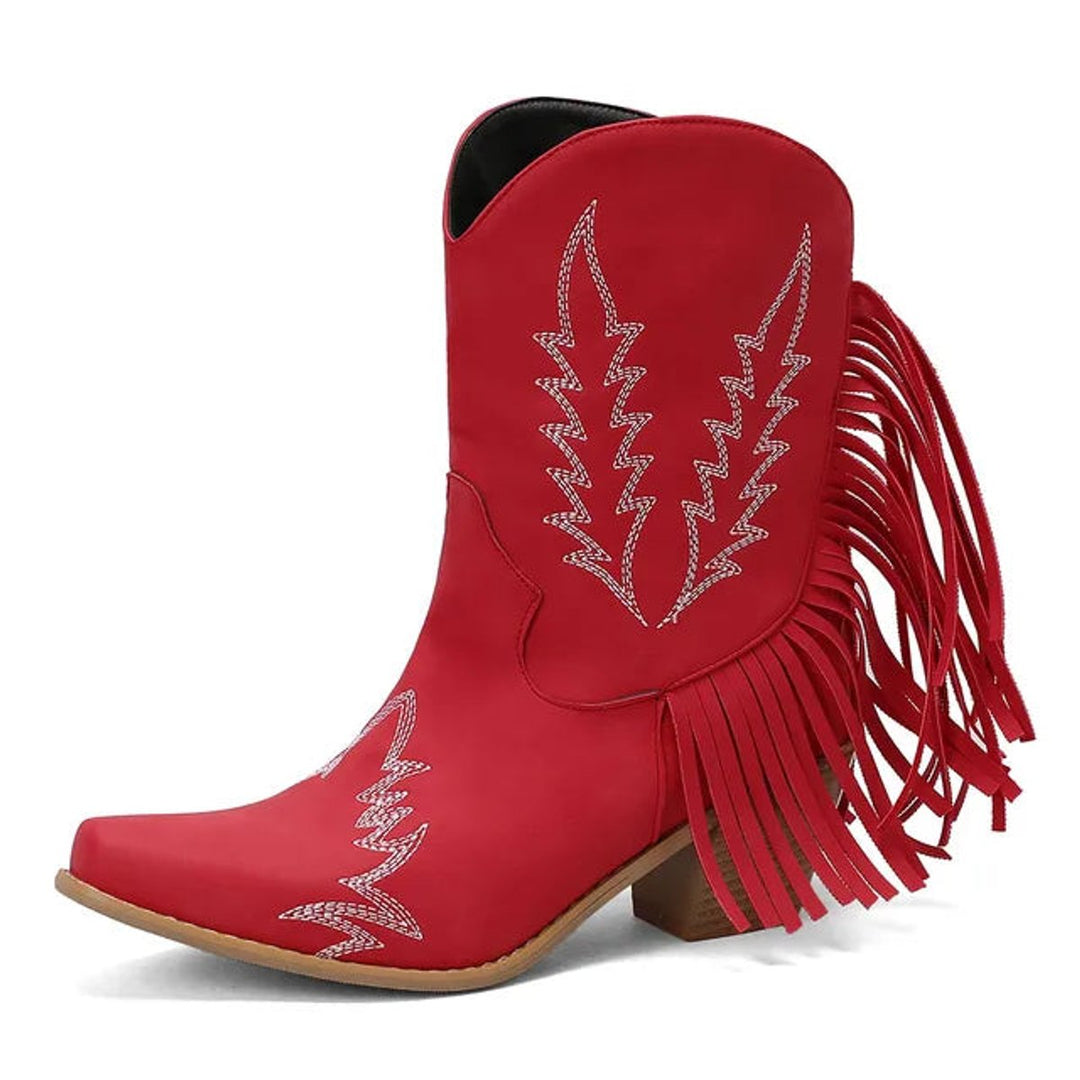 Women's Western Fringe Suede Ankle Heeled Boots Cowboy Pull-On
