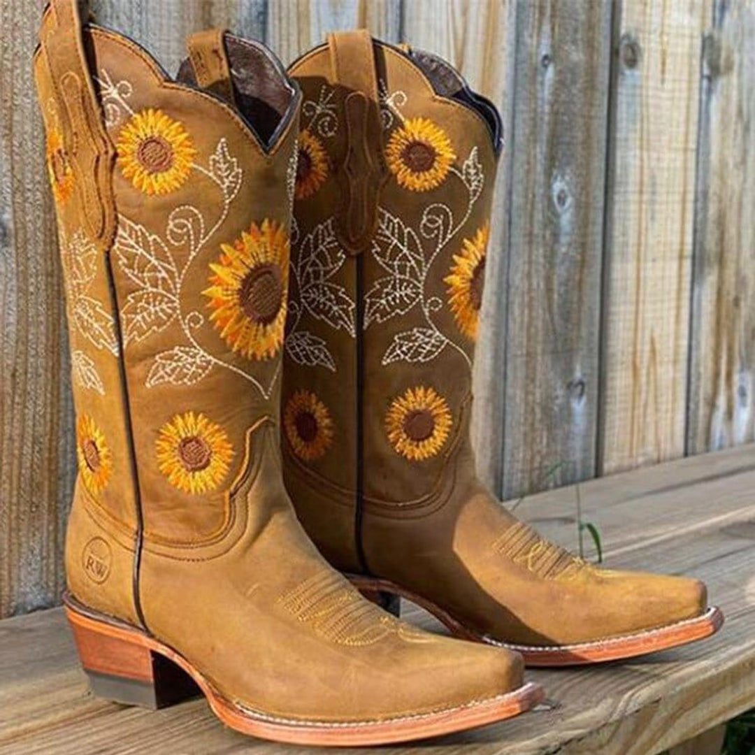 Women's Wide-Calf Sunflower Embroidered Western Knee-High Boots