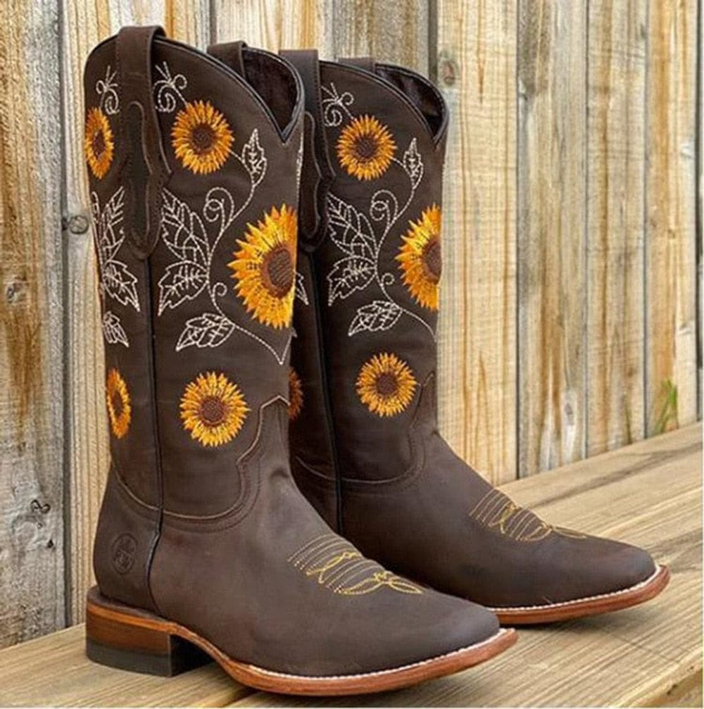 Women's Wide-Calf Sunflower Embroidered Western Knee-High Boots