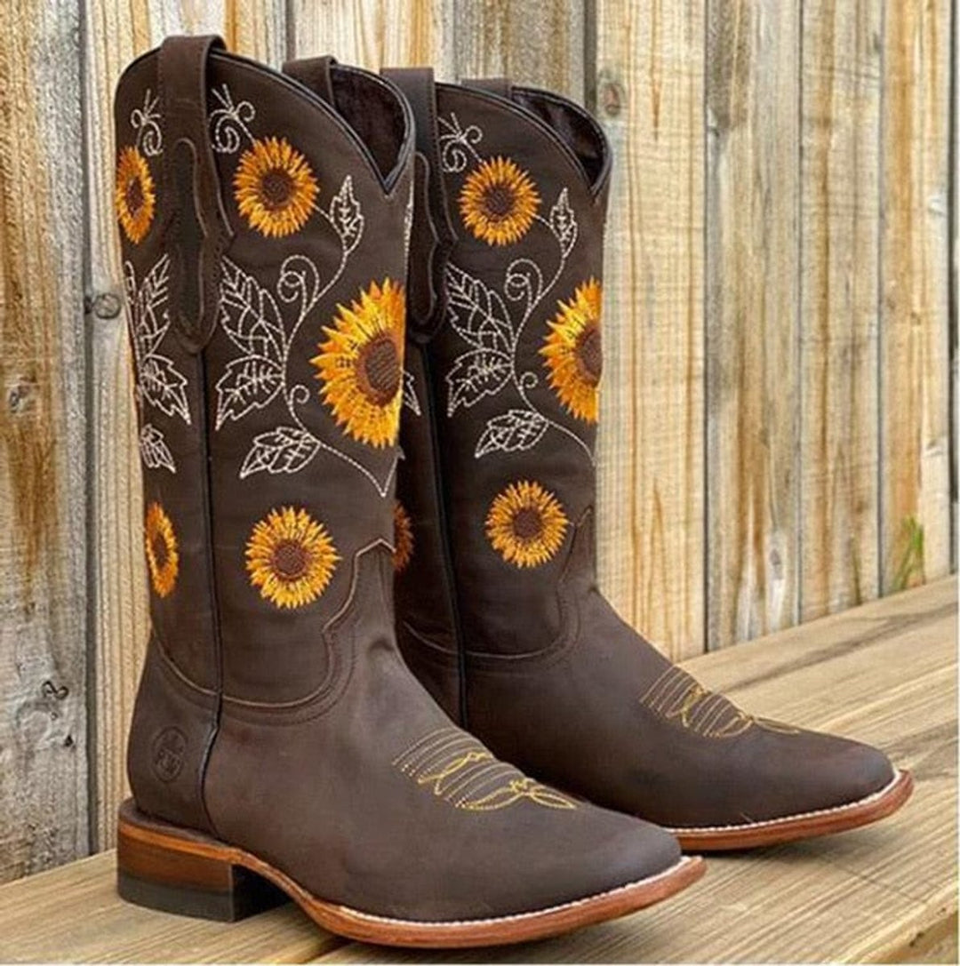 Women's Wide-Calf Sunflower Embroidered Western Knee-High Boots