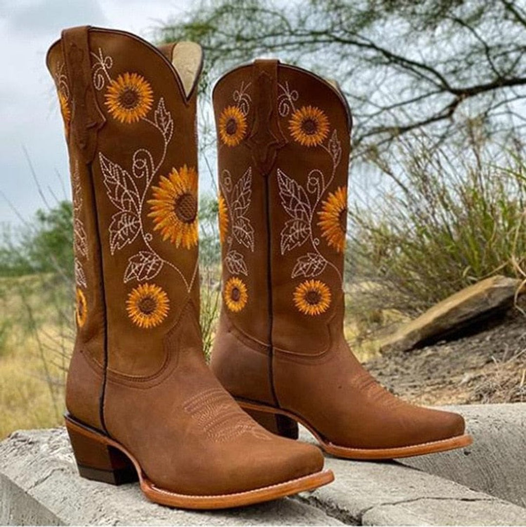 Women's Wide-Calf Sunflower Embroidered Western Knee-High Boots