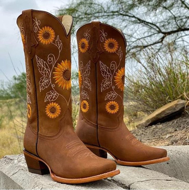 Women's Wide-Calf Sunflower Embroidered Western Knee-High Boots