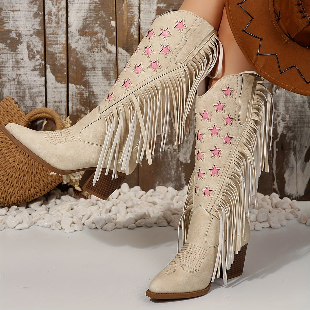 Women's Wide Calf Western Fringe Knee-High Boots Star Detail