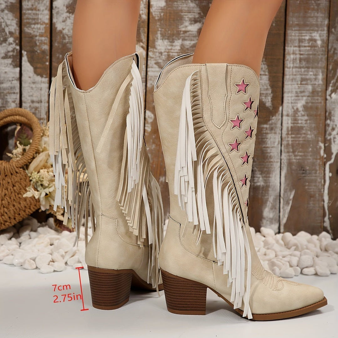 Women's Wide Calf Western Fringe Knee-High Boots Star Detail