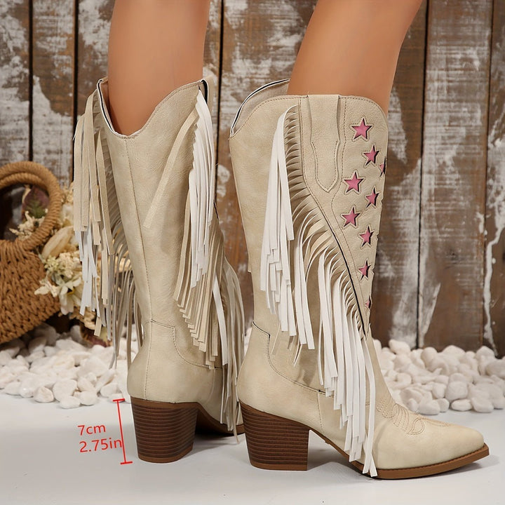 Women's Wide Calf Western Fringe Knee-High Boots Star Detail