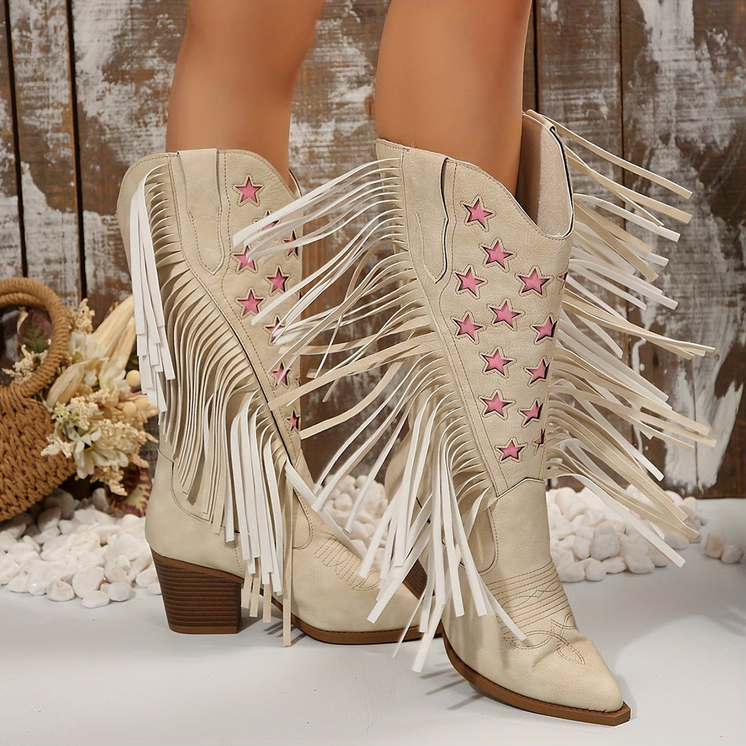 Women's Wide Calf Western Fringe Knee-High Boots Star Detail