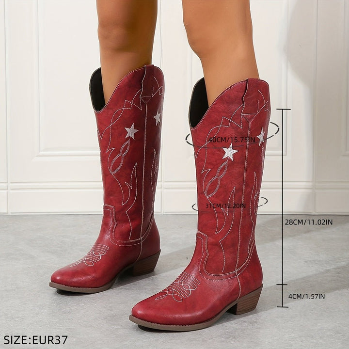 Women's Wide-Calf Western Star-Embroidered Knee-High Boots