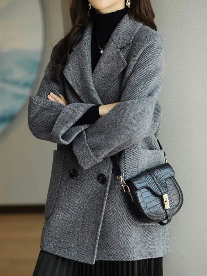 Womens Wool Blend Double-Breasted Longline Winter Coat - Navy Blue
