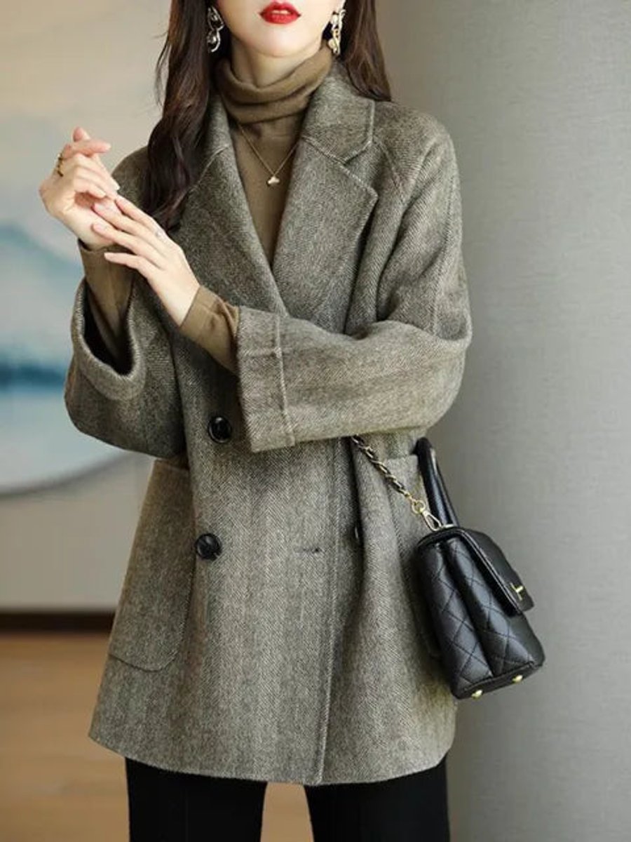 Womens Wool Blend Double-Breasted Longline Winter Coat - Grey