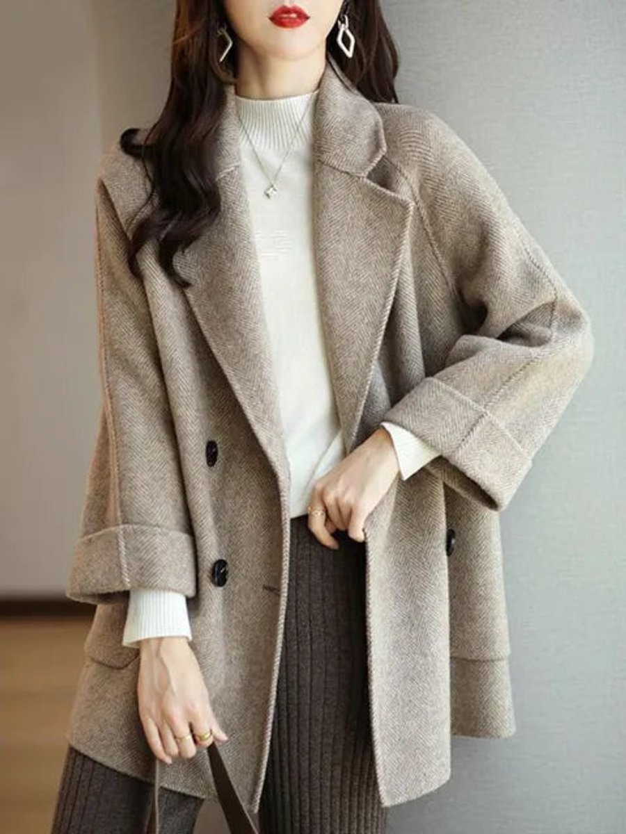 Womens Wool Blend Double-Breasted Longline Winter Coat - Beige