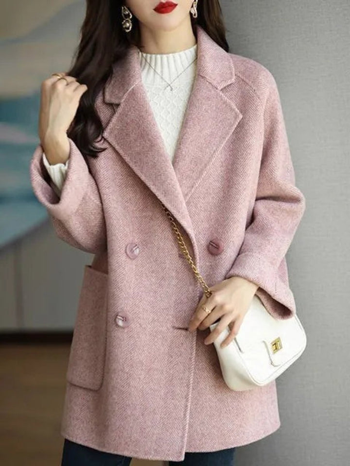 Womens Wool Blend Double-Breasted Longline Winter Coat - Pink