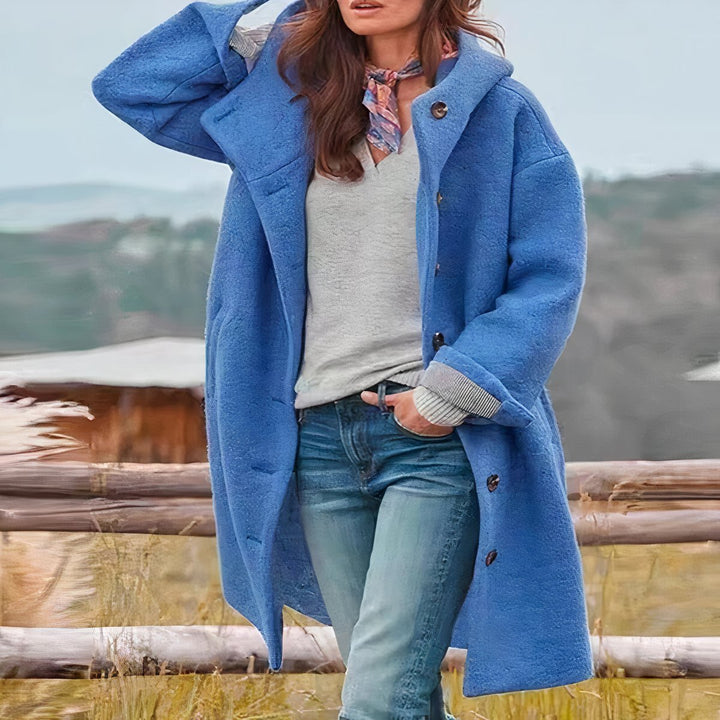 Womens Wool Blend Hooded Elegant Coat - Blue