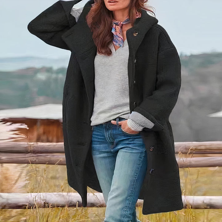 Womens Wool Blend Hooded Elegant Coat - Black