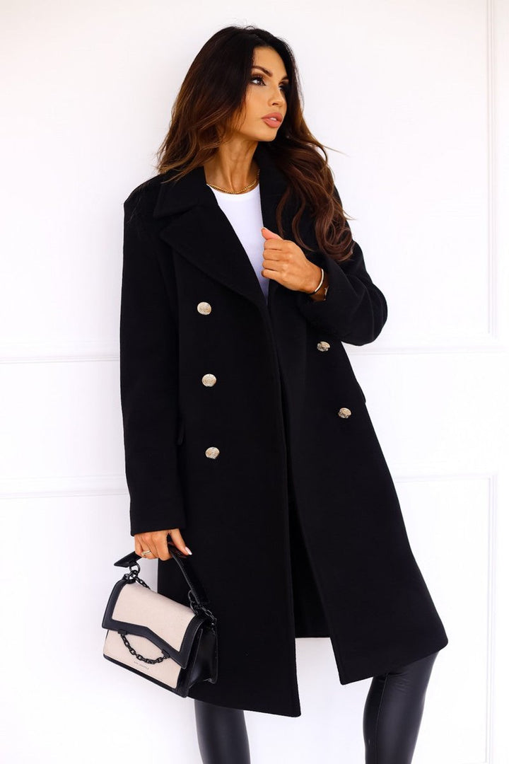Womens Wool Blend Oversized Double-Breasted Long Coat - Black