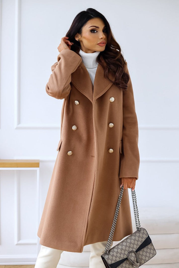 Womens Wool Blend Oversized Double-Breasted Long Coat - Brown