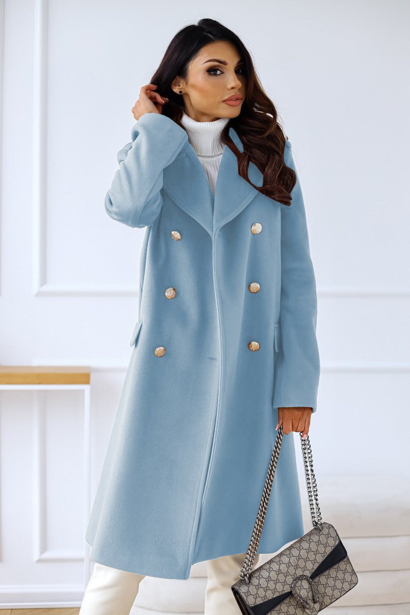 Womens Wool Blend Oversized Double-Breasted Long Coat - Blue