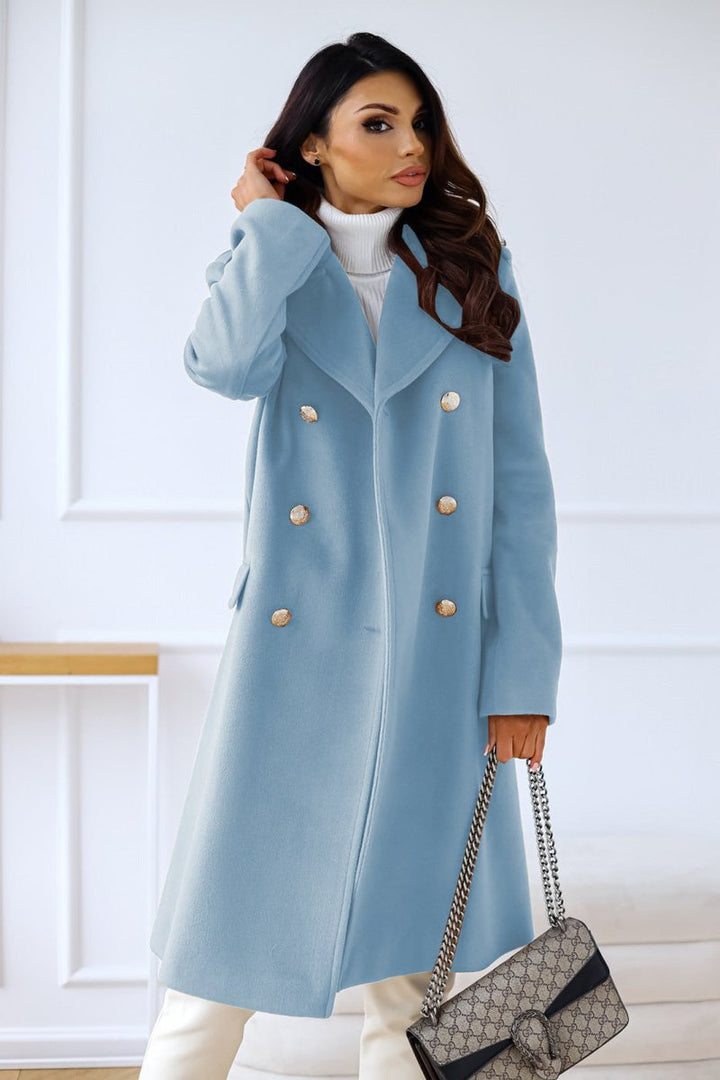 Womens Wool Blend Oversized Double-Breasted Long Coat - Blue