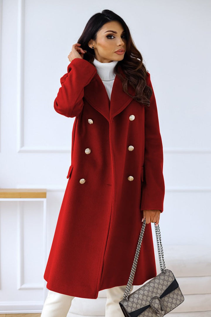 Womens Wool Blend Oversized Double-Breasted Long Coat - Red