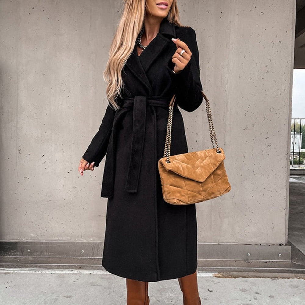 Womens Wool Coat Belted Long Wrap Outerwear
