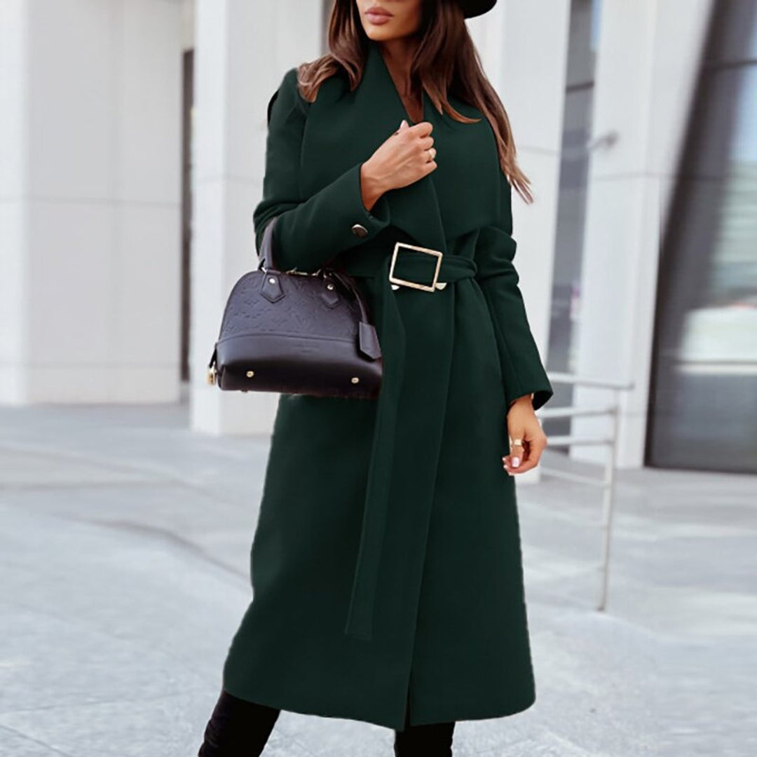 Womens Wool Coat Belted Long Wrap Outerwear - Dark Green