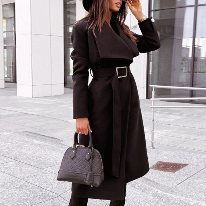 Womens Wool Coat Belted Long Wrap Outerwear - Black