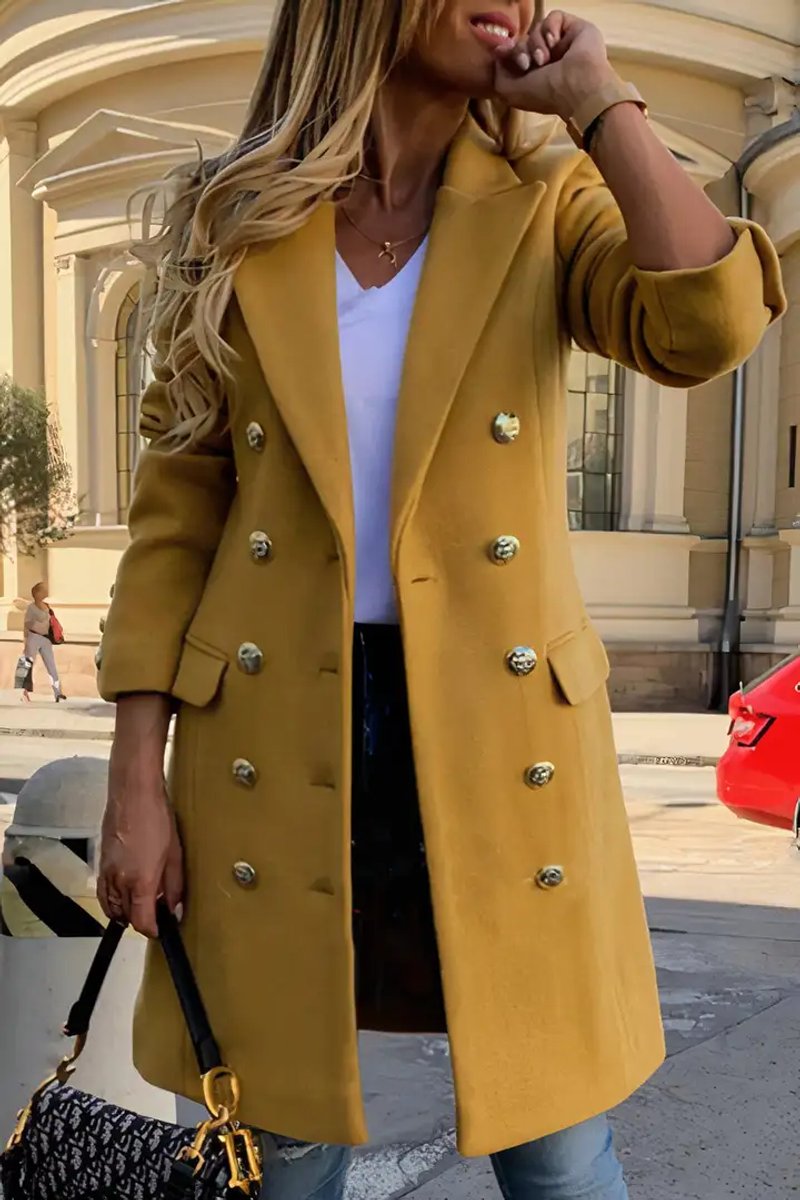 Womens Wool Coat Double-Breasted Long Blazer Overcoat - Yellow