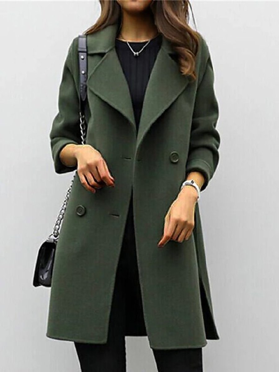 Womens Wool Coat Double-Breasted Long Lapel Overcoat - Army Green