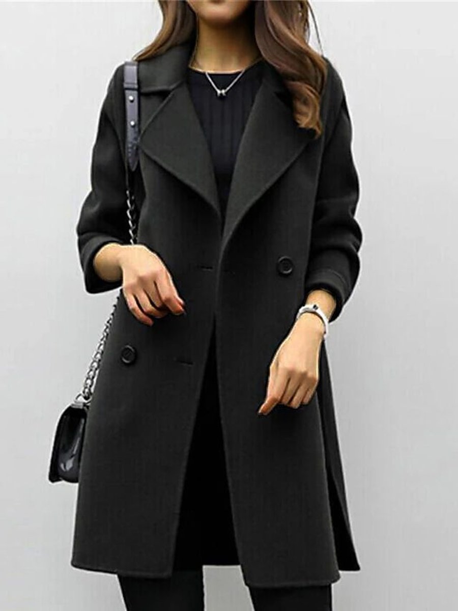 Womens Wool Coat Double-Breasted Long Lapel Overcoat - Black