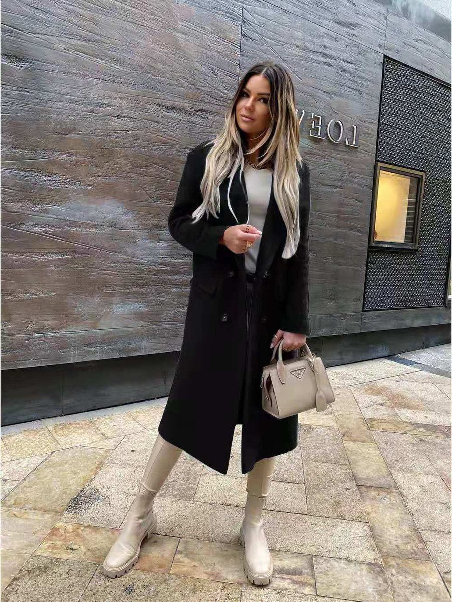 Womens Wool Coat Double-Breasted Long Line Tailored Overcoat - Black