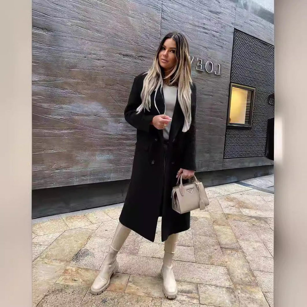 Womens Wool Coat Double-Breasted Long Line Tailored Overcoat