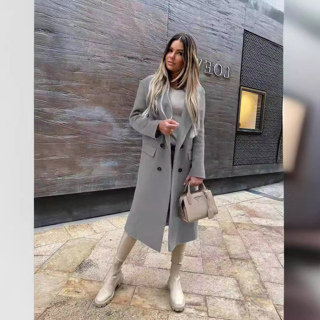 Womens Wool Coat Double-Breasted Long Line Tailored Overcoat