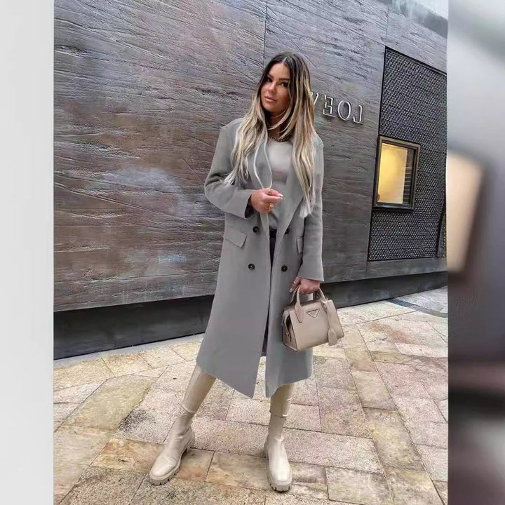 Womens Wool Coat Double-Breasted Long Line Tailored Overcoat
