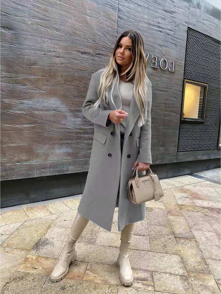 Womens Wool Coat Double-Breasted Long Line Tailored Overcoat - Grey