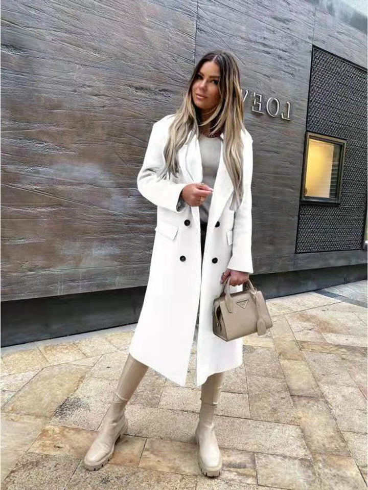 Womens Wool Coat Double-Breasted Long Line Tailored Overcoat - White