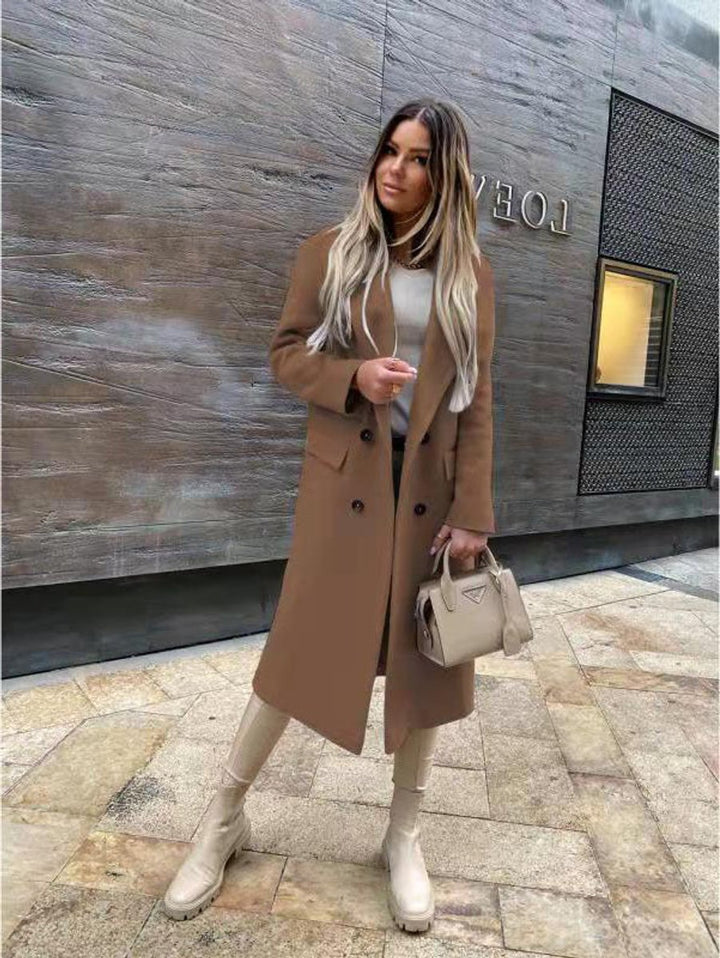 Womens Wool Coat Double-Breasted Long Line Tailored Overcoat - Khaki
