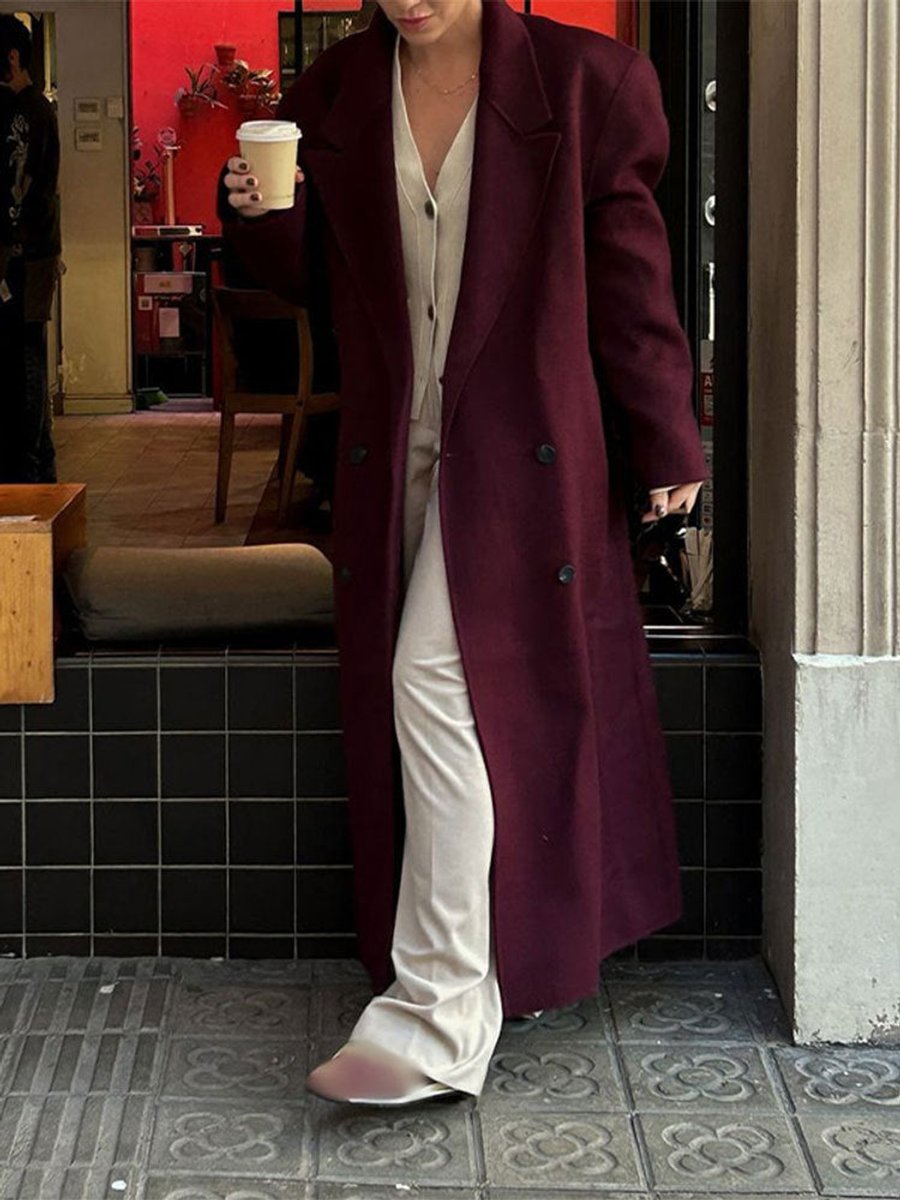 Womens Wool Coat Double-Breasted Long Oversized Blazer - Dark Red