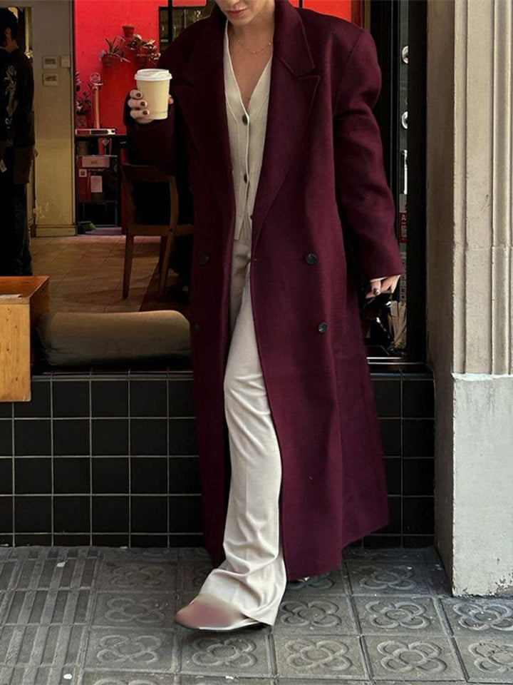 Womens Wool Coat Double-Breasted Long Oversized Blazer - Dark Red