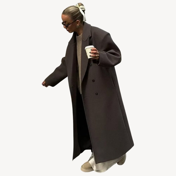 Womens Wool Coat Double-Breasted Long Oversized Tailored Outerwear - Brown