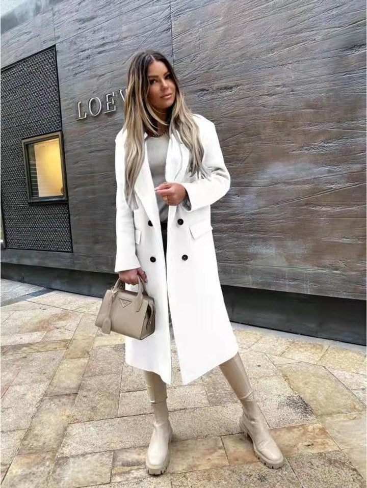 Womens Wool Coat Double-Breasted Longline Oversized Blazer Coat - White