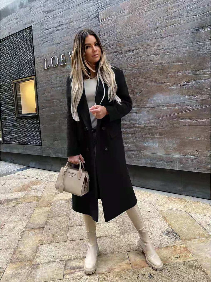Womens Wool Coat Double-Breasted Longline Oversized Blazer Coat - Black